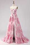 Strapless A Line Pink Jacquard Corset Long Prom Dress with Slit