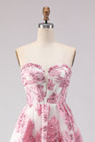 Strapless A Line Pink Jacquard Corset Long Prom Dress with Slit