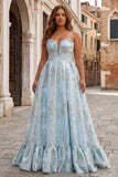 Strapless A Line Pink Jacquard Corset Long Prom Dress with Slit