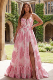 Strapless A Line Light Blue Corset Jacquard Long Prom Dress with Slit