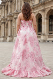 Strapless A Line Pink Jacquard Corset Long Prom Dress with Slit
