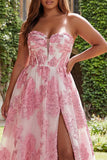 Pink Jacquard Strapless A Line Corset Long Plus Size Prom Dress with Slit