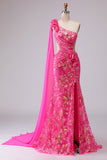 Fuchsia Mermaid Corset One Shoulder Cut Out Streamer Long Prom Dress with Slit