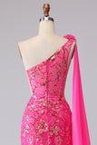 Fuchsia Mermaid Corset One Shoulder Cut Out Streamer Long Prom Dress with Slit