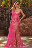 Fuchsia Mermaid Corset One Shoulder Cut Out Streamer Long Prom Dress with Slit