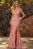 Sparkly Pink Mermaid Sequin Back Bow Long Prom Dress with Slit