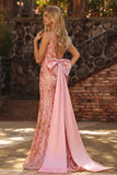Sparkly Pink Mermaid Sequin Back Bow Long Prom Dress with Slit