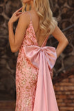 Sparkly Pink Mermaid Sequin Back Bow Long Prom Dress with Slit