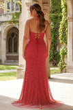 Red Halter Mermaid Open Back Beaded Long Prom Dress with Slit
