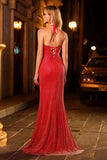 Red Halter Mermaid Open Back Beaded Long Prom Dress with Slit