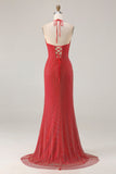 Red Halter Mermaid Open Back Beaded Long Prom Dress with Slit