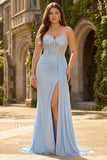 Strapless Mermaid Sky Blue Beaded Corset Long Prom Dress with Slit