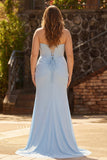 Strapless Mermaid Sky Blue Beaded Corset Long Prom Dress with Slit