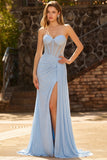 Strapless Mermaid Sky Blue Beaded Corset Long Prom Dress with Slit