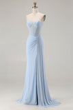 Strapless Mermaid Sky Blue Beaded Corset Long Prom Dress with Slit