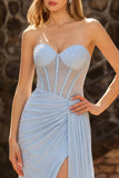 Strapless Mermaid Sky Blue Beaded Corset Long Prom Dress with Slit
