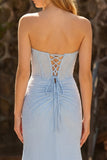Strapless Mermaid Sky Blue Beaded Corset Long Prom Dress with Slit