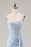 Strapless Mermaid Sky Blue Beaded Corset Long Prom Dress with Slit