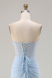 Strapless Mermaid Sky Blue Beaded Corset Long Prom Dress with Slit