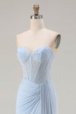 Strapless Mermaid Sky Blue Beaded Corset Long Prom Dress with Slit