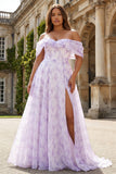 Off the Shoulder Lilac A Line Corset Print Floral Long Prom Dress with Slit