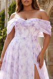Off the Shoulder Lilac Floral A Line Corset Long Plus Size Prom Dress with Slit