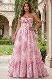 Pink Brocade Jacquard Cut Out A-Line Long Plus Size Prom Dress with 3D Flower