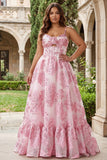 Pink A-Line Cut Out Brocade Jacquard Long Prom Dress with 3D Flower