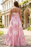 Pink Brocade Jacquard Cut Out A-Line Long Plus Size Prom Dress with 3D Flower