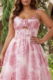 Pink Brocade Jacquard Cut Out A-Line Long Plus Size Prom Dress with 3D Flower