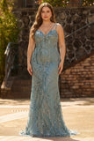 Sparkly Grey Green Mermaid Beaded Sequin Long Prom Dress