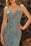 Sparkly Grey Green Mermaid Beaded Sequin Long Prom Dress