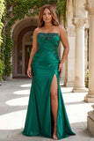 Dark Green Mermaid Strapless Ruched Long Plus Size Prom Dress with Slit