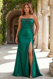 Dark Green Mermaid Sequin Strapless Ruched Long Prom Dress with Slit