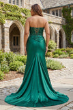 Dark Green Mermaid Sequin Strapless Ruched Long Prom Dress with Slit
