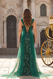 Dark Green Mermaid Sequin Lace Up Back Long Prom Dress with Slit