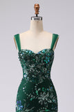 Dark Green Mermaid Sequin Lace Up Back Long Prom Dress with Slit