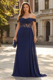 Navy Off The Shoulder A-Line Corset Long Prom Dress with Lace Up Back