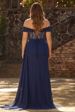 Navy Off The Shoulder A-Line Corset Long Prom Dress with Lace Up Back