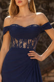 Navy Off The Shoulder A-Line Corset Long Prom Dress with Lace Up Back