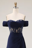 Navy Off The Shoulder A-Line Corset Long Prom Dress with Lace Up Back