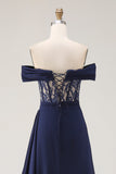 Navy Off The Shoulder A-Line Corset Long Prom Dress with Lace Up Back