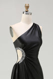 Black Mermaid One Shoulder Cut Out Long Prom Dress with Slit