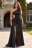 Black Mermaid One Shoulder Beaded Cut Out Long Plus Size Prom Dress with Slit