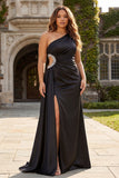Black Mermaid One Shoulder Cut Out Long Prom Dress with Slit
