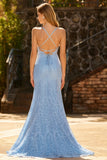 Sky Blue Mermaid Spaghetti Straps Sequins Long Prom Dress with Lace Up Back