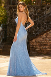 Sky Blue Mermaid Beaded Lace Up Back Long Prom Dress with Sequins