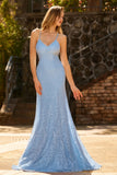 Sky Blue Mermaid Beaded Lace Up Back Long Prom Dress with Sequins