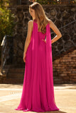 Fuchsia A Line Strapless Pleated Tulle Long Prom Dress with Streamer