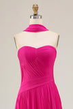 Fuchsia Sweetheart A Line Pleated Long Prom Dress with Sash